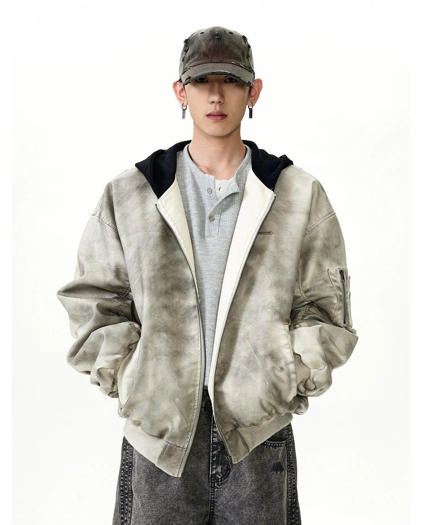 Washed PU Leather Spliced Hood Bomber Jacket Korean Street Fashion Jacket By MaxDstr Shop Online at OH Vault