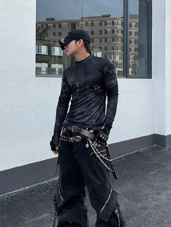 Mesh Slim Long Sleeve T-Shirt Korean Street Fashion T-Shirt By Dark Fog Shop Online at OH Vault