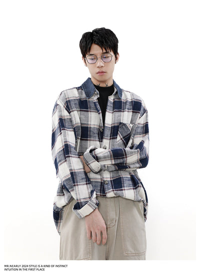 Plaid Denim Collar Long Sleeve Shirt Korean Street Fashion Shirt By Mr Nearly Shop Online at OH Vault