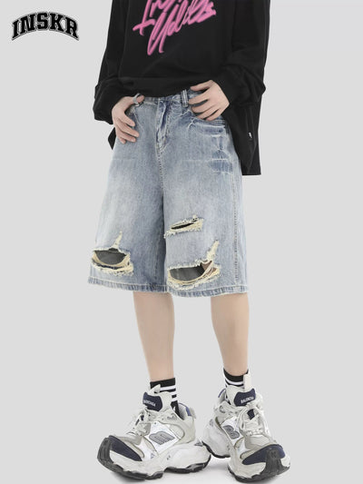 Knee Rip Denim Shorts Korean Street Fashion Shorts By INS Korea Shop Online at OH Vault