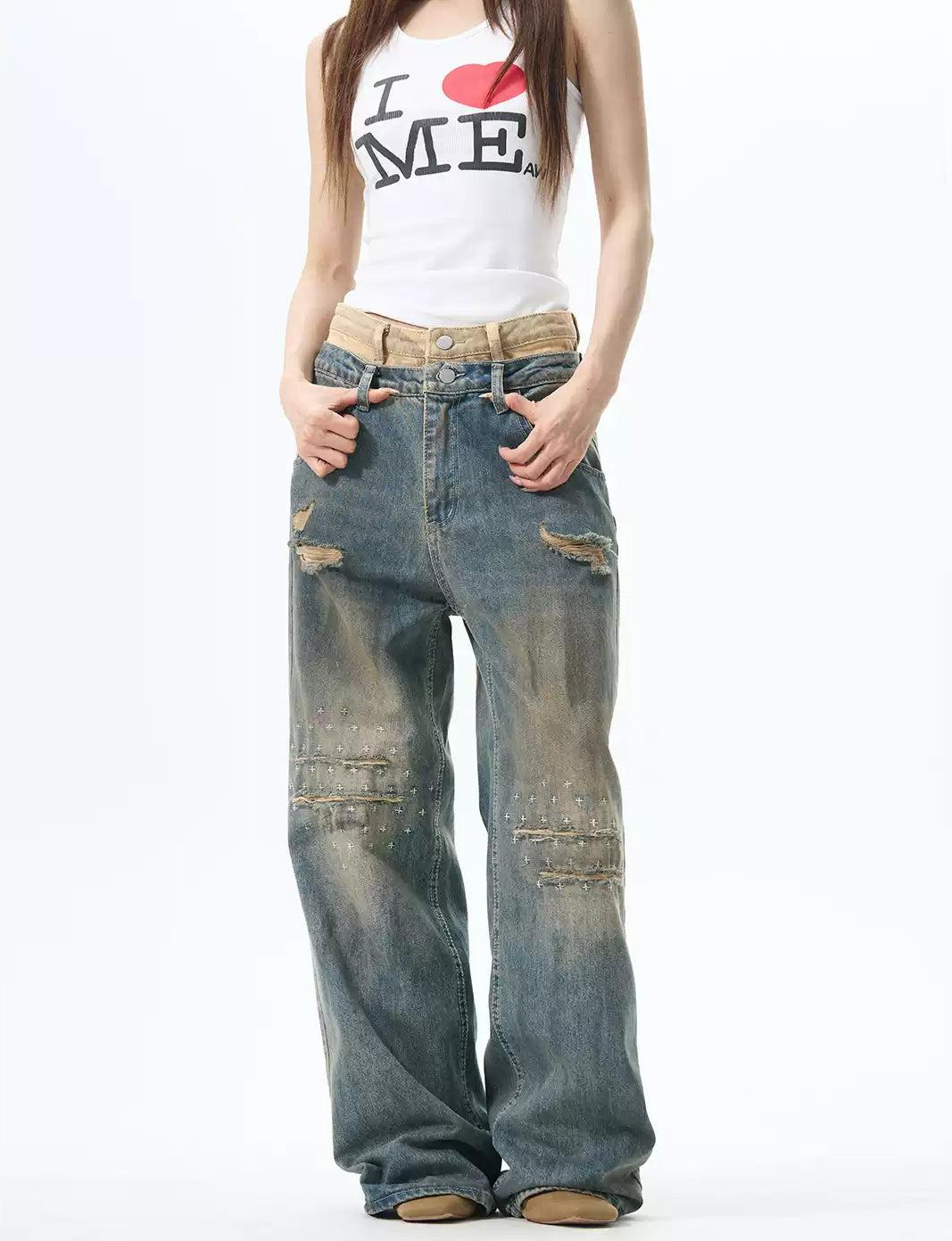 Double Waists Ripped Straight Jeans Korean Street Fashion Jeans By 77Flight Shop Online at OH Vault