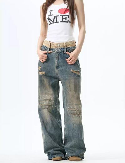 Double Waists Ripped Straight Jeans Korean Street Fashion Jeans By 77Flight Shop Online at OH Vault