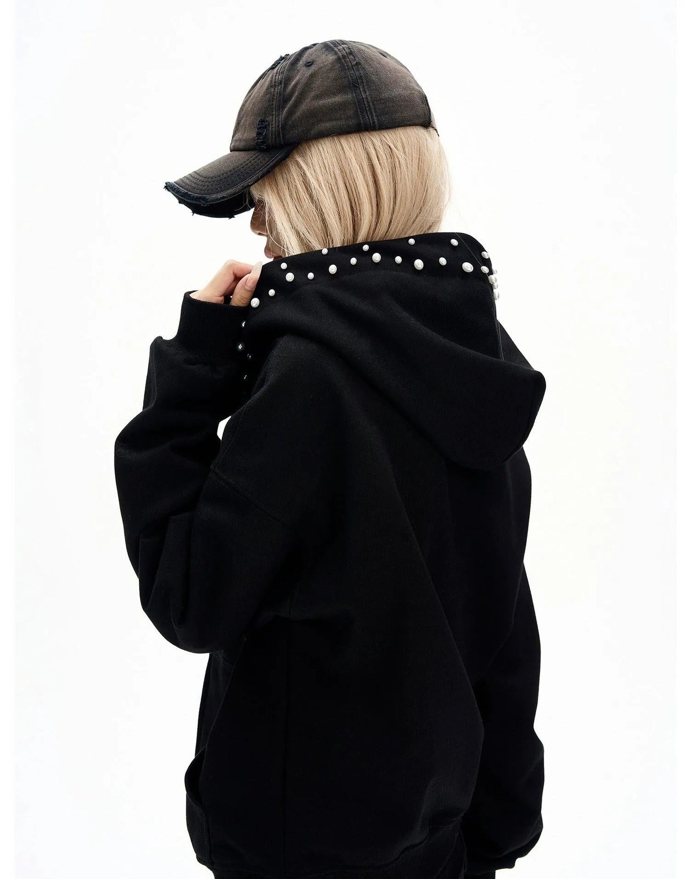 Kangaroo Pocket Pearl Detail Zip-Up Hoodie Korean Street Fashion Hoodie By MaxDstr Shop Online at OH Vault
