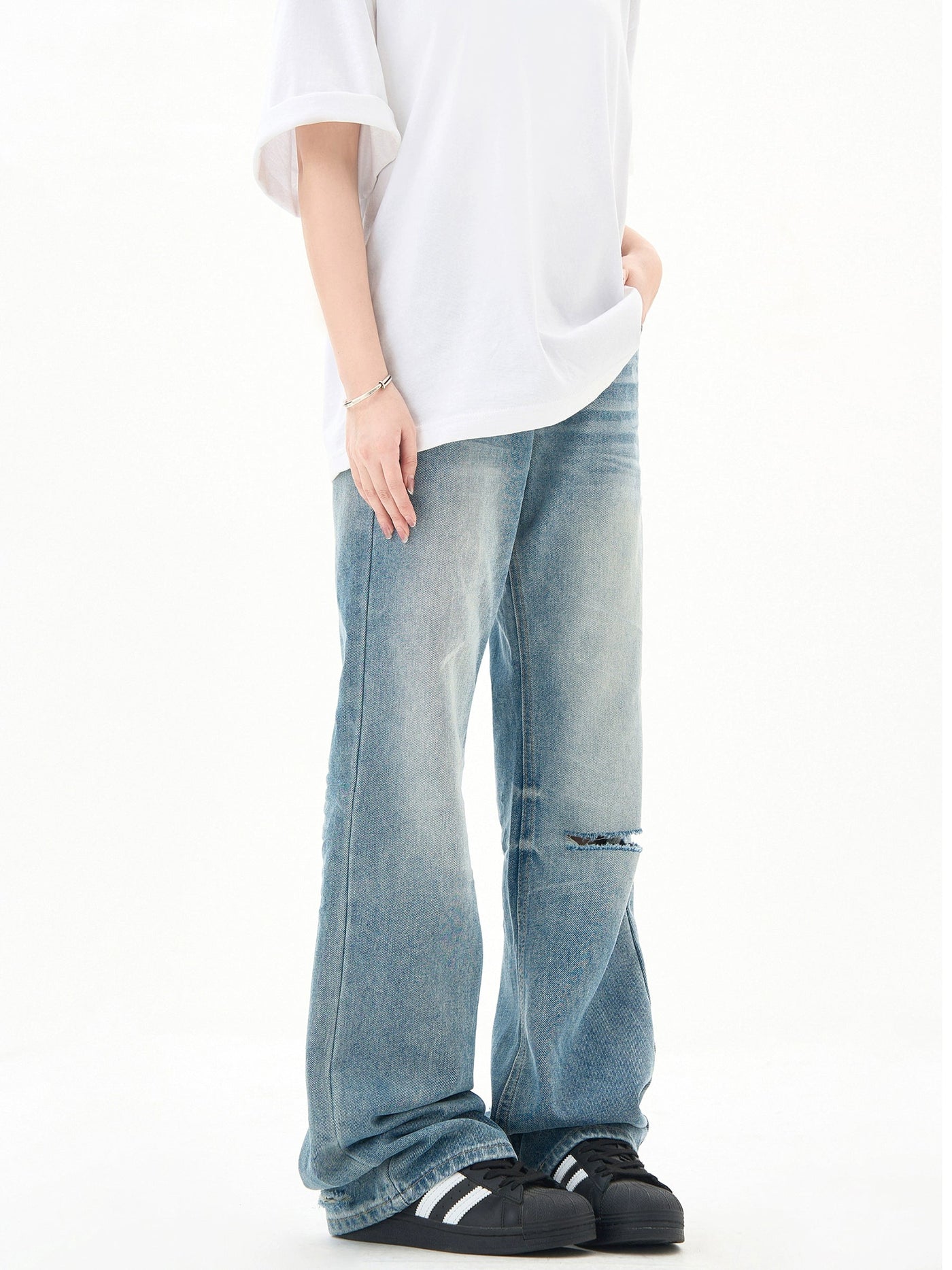 Faded Asymmetric Ripped Jeans Korean Street Fashion Jeans By Ash Dark Shop Online at OH Vault