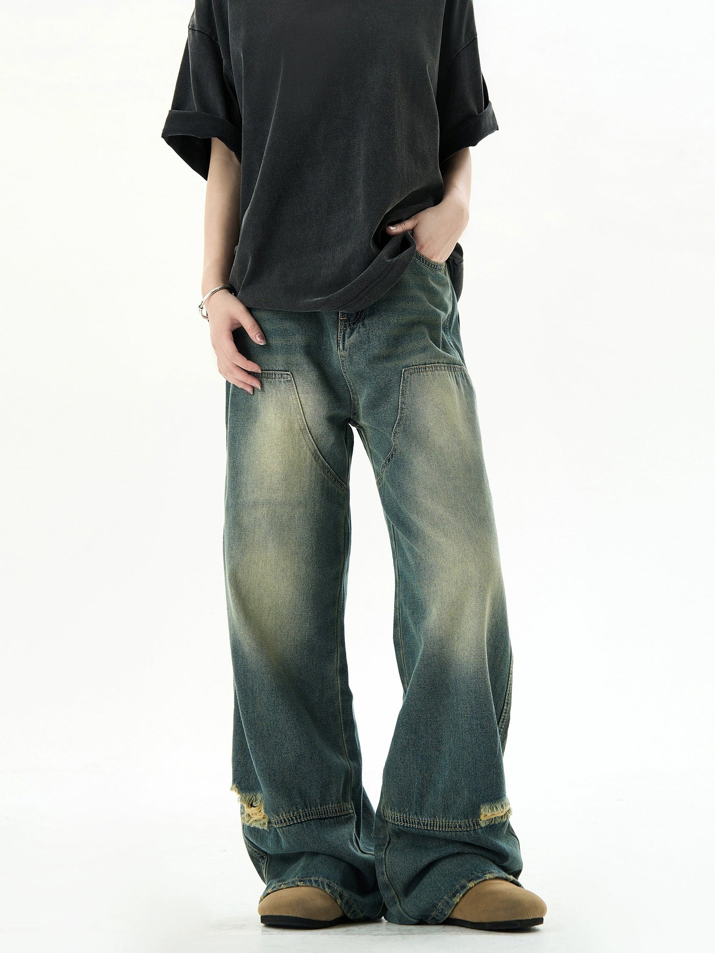 Faded Double-Knee Ripped Jeans Korean Street Fashion Jeans By Ash Dark Shop Online at OH Vault