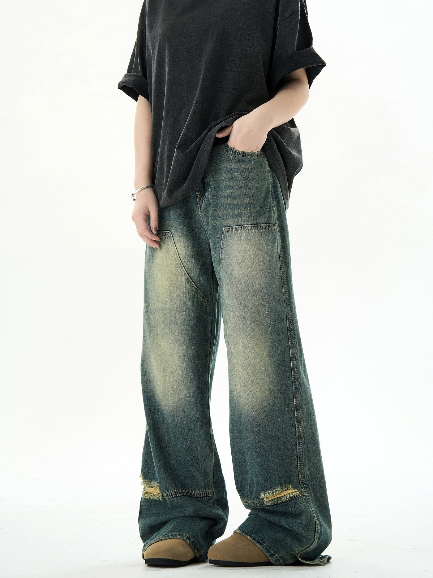 Faded Double-Knee Ripped Jeans Korean Street Fashion Jeans By Ash Dark Shop Online at OH Vault