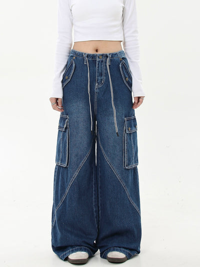 Faded Drawcord Cargo Jeans Korean Street Fashion Jeans By Blacklists Shop Online at OH Vault