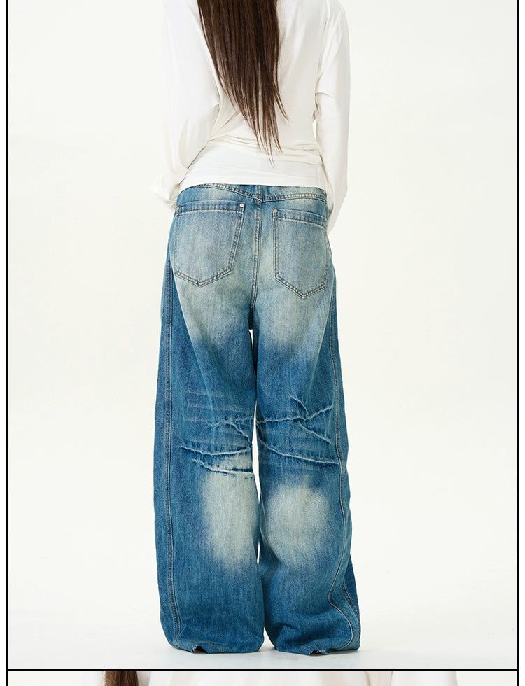 Faded Multi-Seams Loose Jeans Korean Street Fashion Jeans By 77Flight Shop Online at OH Vault