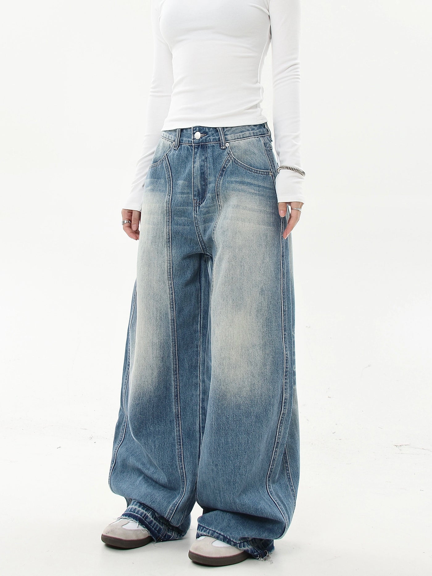 Faded Multi-Seams Wide Leg Jeans Korean Street Fashion Jeans By Blacklists Shop Online at OH Vault