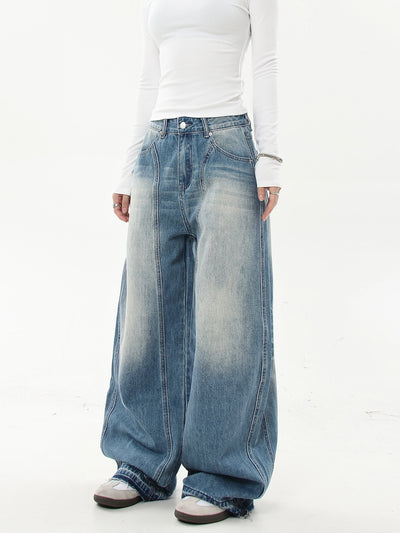 Faded Multi-Seams Wide Leg Jeans Korean Street Fashion Jeans By Blacklists Shop Online at OH Vault