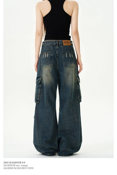 Faded Pleats Loose Fit Cargo Jeans Korean Street Fashion Jeans By MaxDstr Shop Online at OH Vault