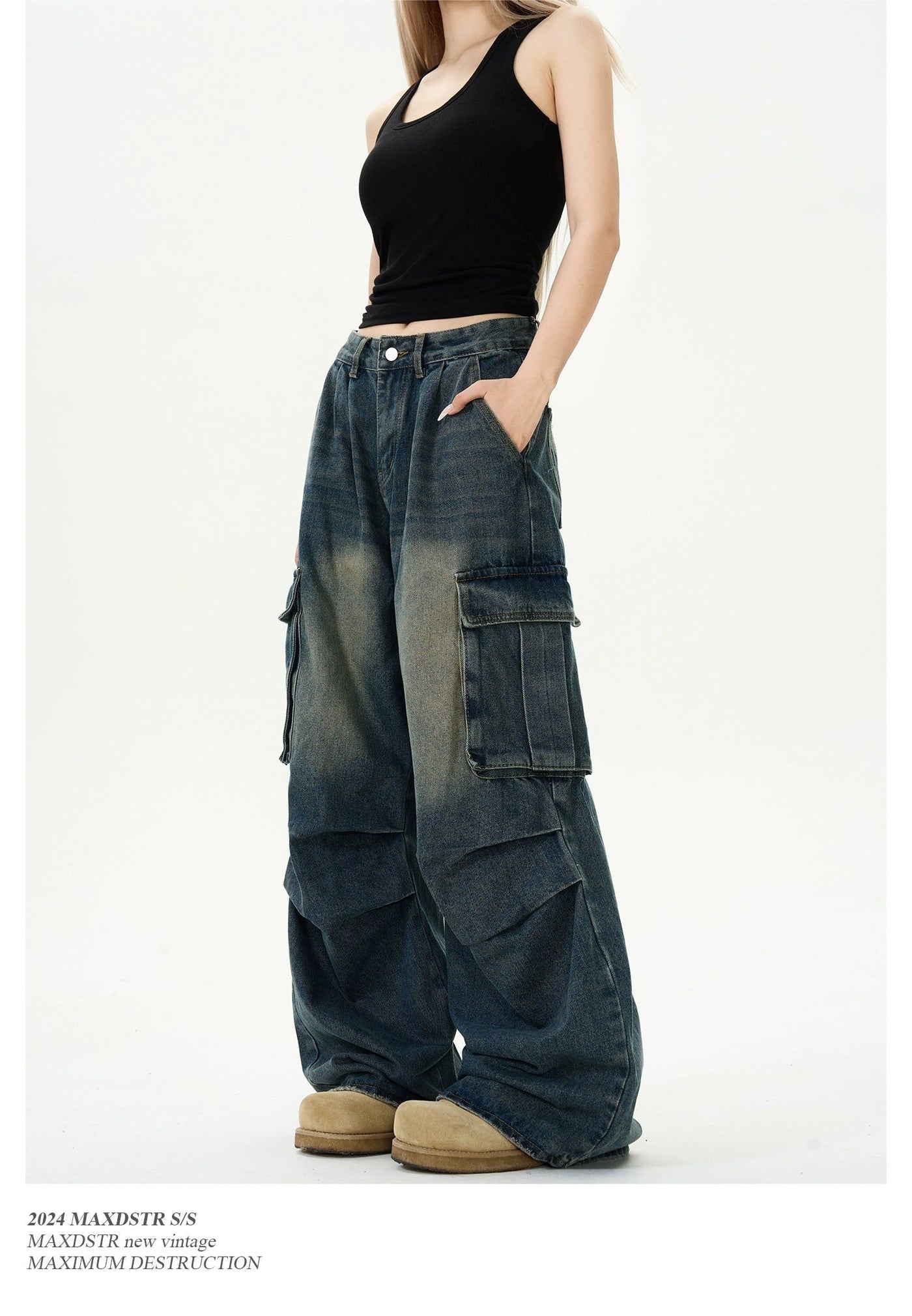 Faded Pleats Loose Fit Cargo Jeans Korean Street Fashion Jeans By MaxDstr Shop Online at OH Vault