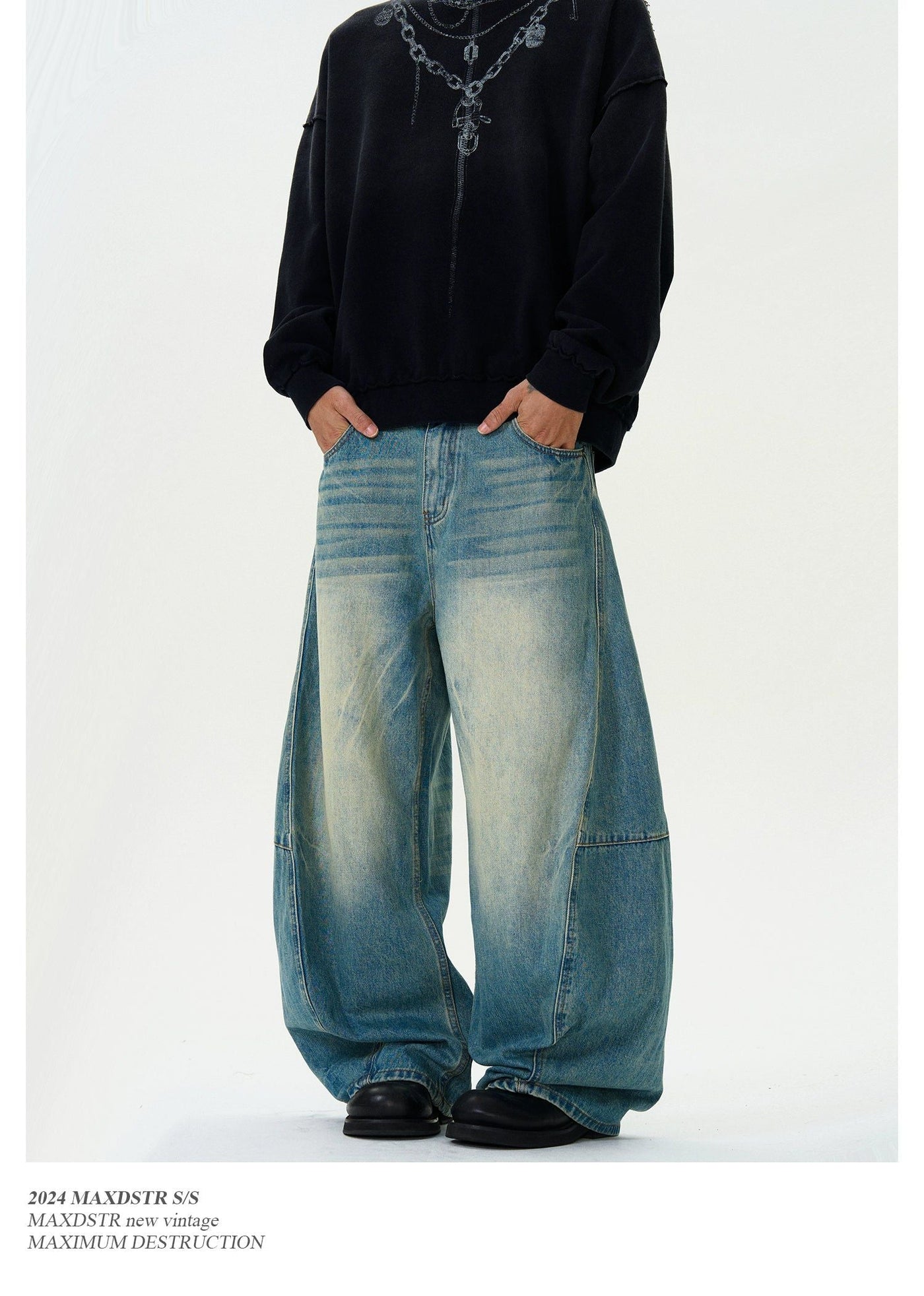 Faded Stitched Wide Leg Jeans Korean Street Fashion Jeans By MaxDstr Shop Online at OH Vault