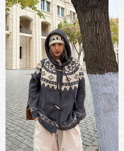 Fair Isle Horn Buttons Hooded Sweater Korean Street Fashion Sweater By Made Extreme Shop Online at OH Vault