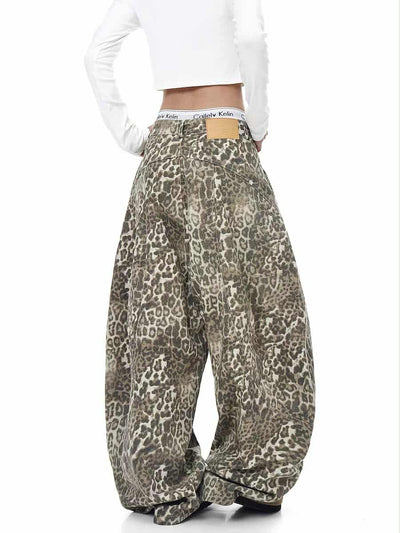 Structured Leopard Print Barrel Jeans