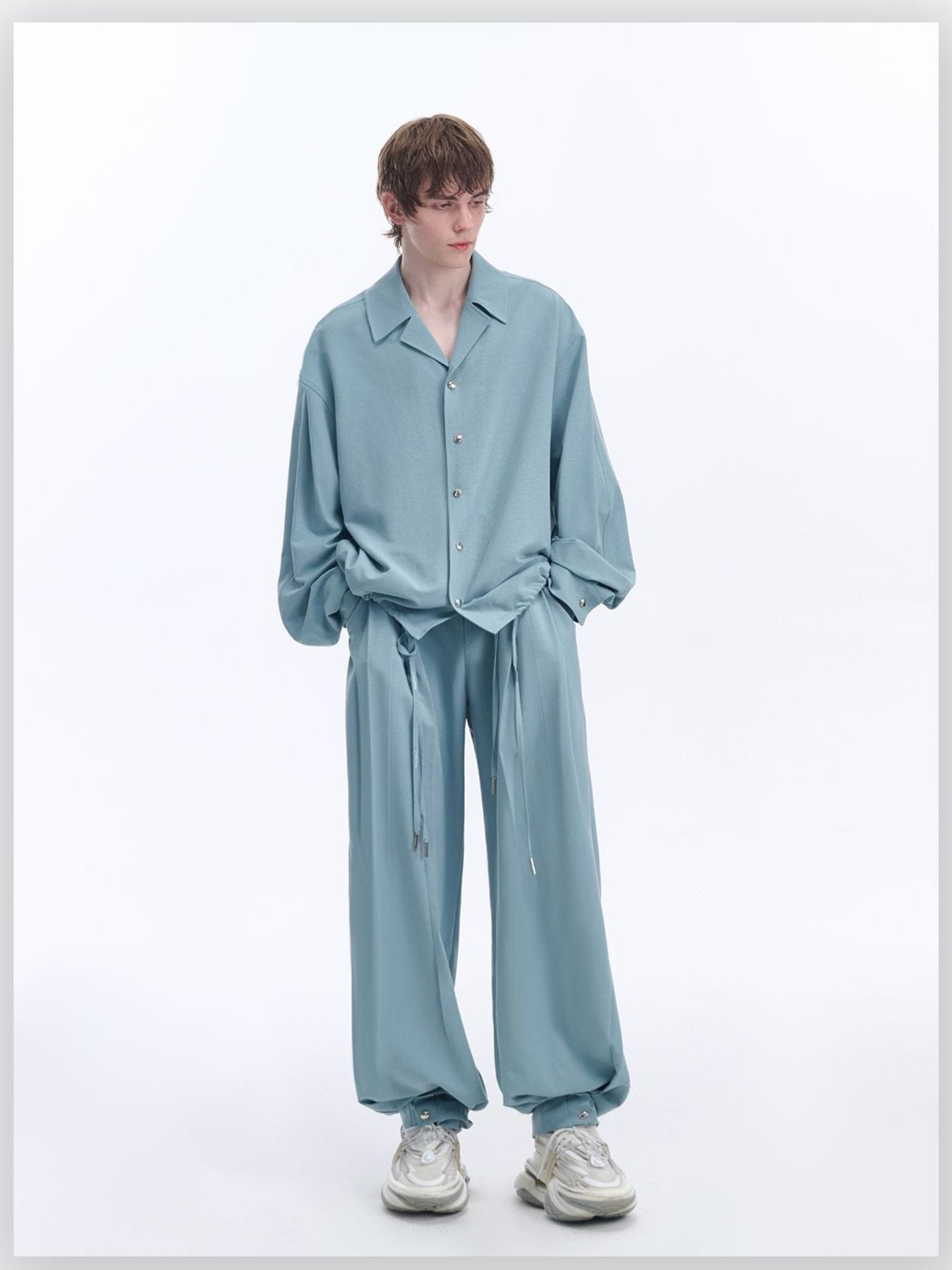 Relaxed Fit Snap Buttons Shirt & Drawstring Pants Set Korean Street Fashion Clothing Set By TIWILLTANG Shop Online at OH Vault