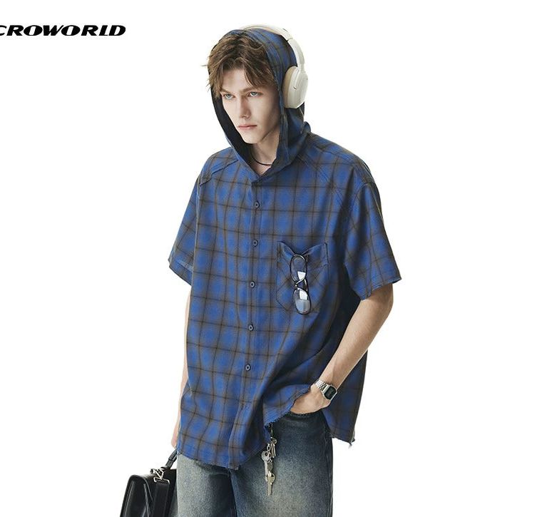 Plaid Hooded Short Sleeve Shirt Korean Street Fashion Shirt By Cro World Shop Online at OH Vault