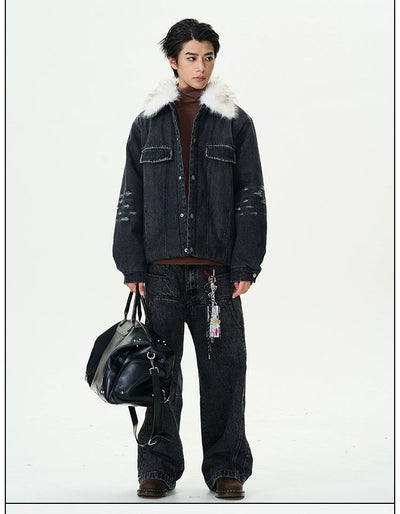 Fur Collar Cotton Denim Jacket Korean Street Fashion Jacket By 77Flight Shop Online at OH Vault