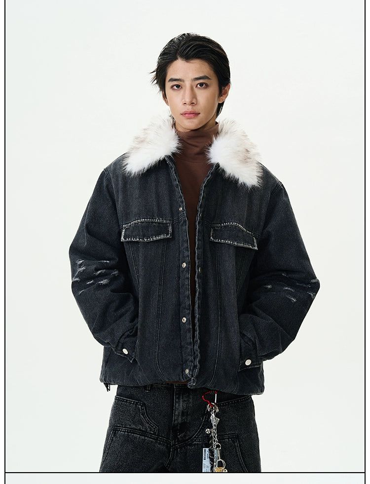 Fur Collar Cotton Denim Jacket Korean Street Fashion Jacket By 77Flight Shop Online at OH Vault