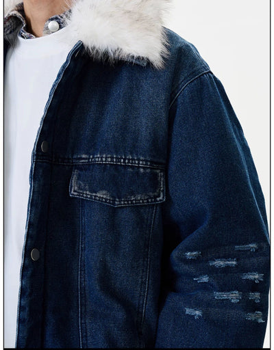 Fur Collar Cotton Denim Jacket Korean Street Fashion Jacket By 77Flight Shop Online at OH Vault