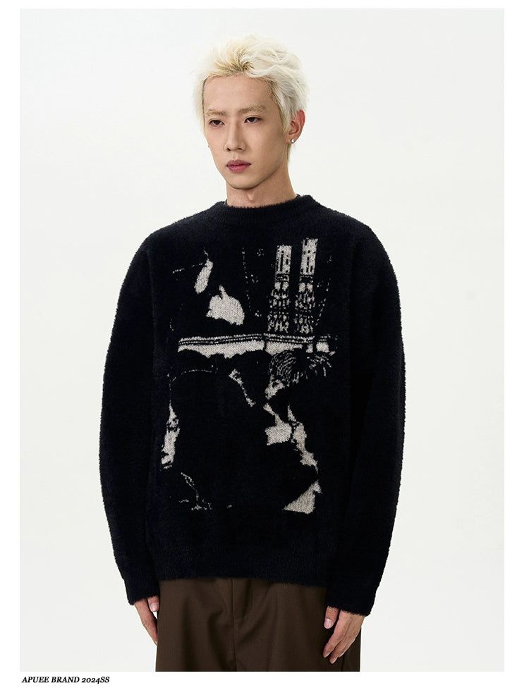 Fuzzy Abstract Portrait Sweater Korean Street Fashion Sweater By A PUEE Shop Online at OH Vault