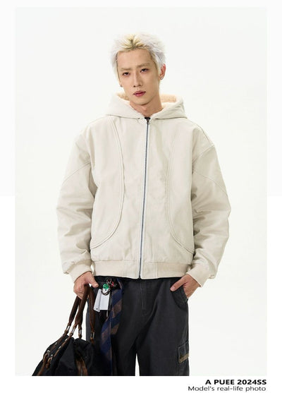 Fuzzy Collar Clean Fit Zip-Up Hoodie Korean Street Fashion Hoodie By A PUEE Shop Online at OH Vault