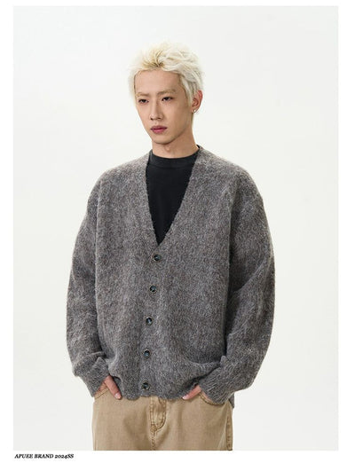 Fuzzy Knit V-Neck Cardigan Korean Street Fashion Cardigan By A PUEE Shop Online at OH Vault