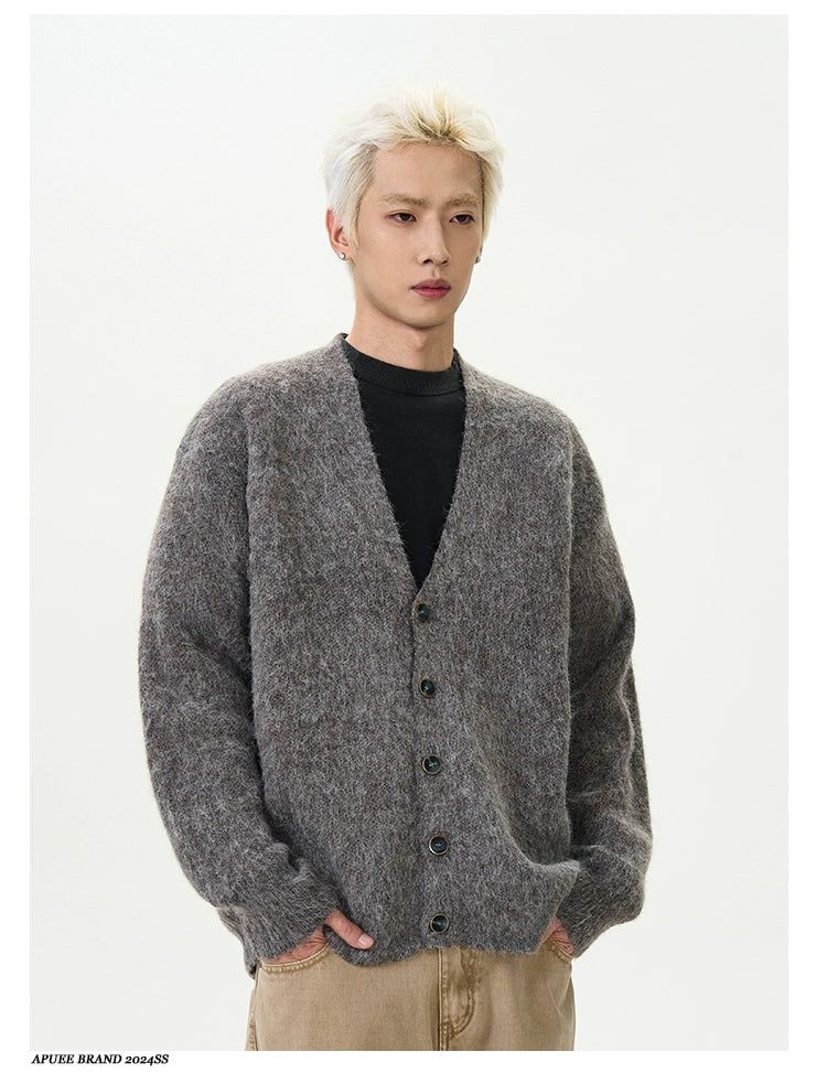 Fuzzy Knit V-Neck Cardigan Korean Street Fashion Cardigan By A PUEE Shop Online at OH Vault