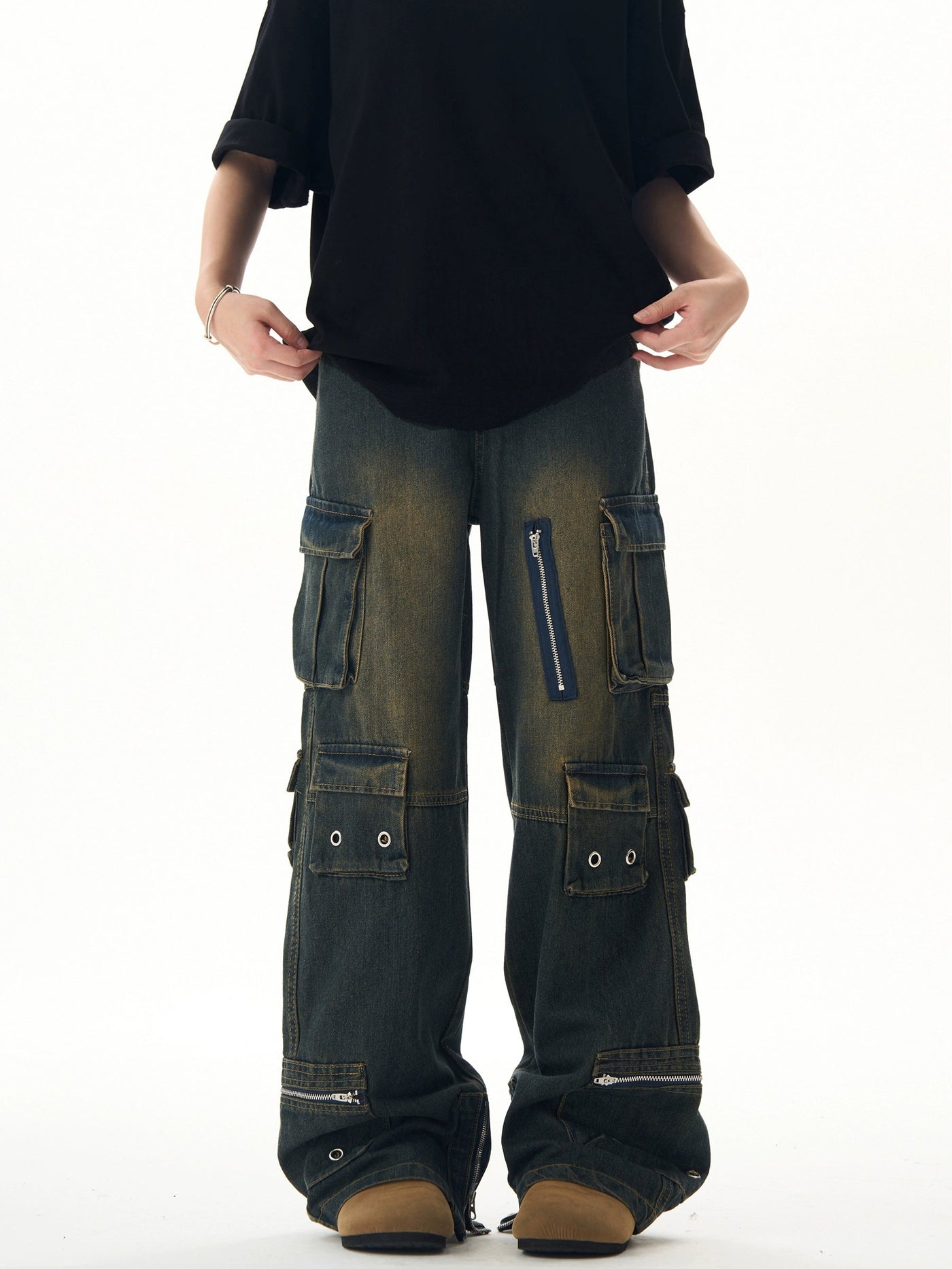 Heavy Functional Pocket Cargo Jeans Korean Street Fashion Jeans By Ash Dark Shop Online at OH Vault