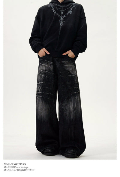 Heavy Lightning Pattern Wide Jeans Korean Street Fashion Jeans By MaxDstr Shop Online at OH Vault