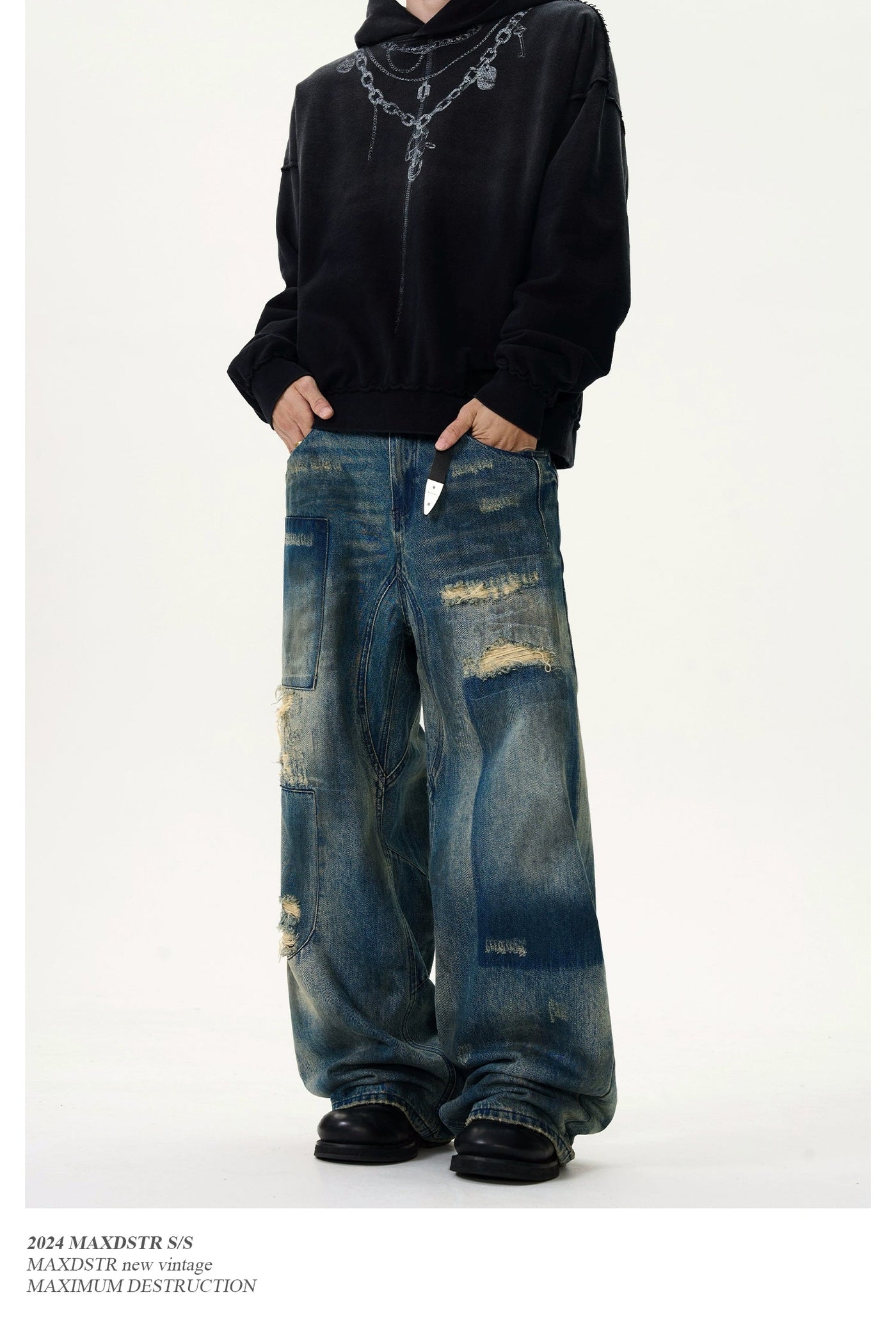 Heavy Patched Ripped Jeans Korean Street Fashion Jeans By MaxDstr Shop Online at OH Vault