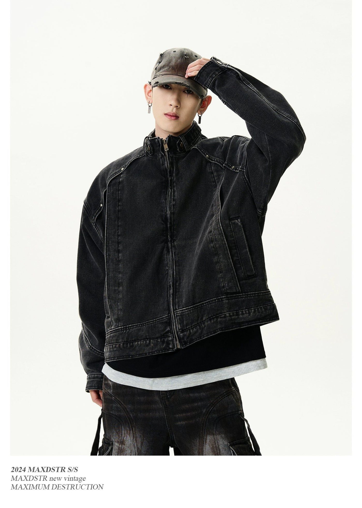 Heavy Wash Stand Collar Denim Jacket Korean Street Fashion Jacket By MaxDstr Shop Online at OH Vault