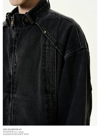 Heavy Wash Stand Collar Denim Jacket Korean Street Fashion Jacket By MaxDstr Shop Online at OH Vault