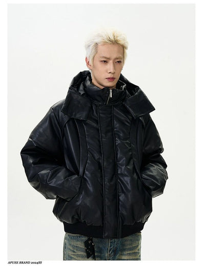 High Neck Padded PU Leather Jacket Korean Street Fashion Jacket By A PUEE Shop Online at OH Vault