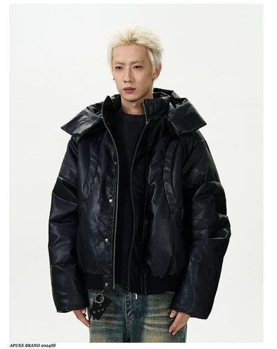 High Neck Padded PU Leather Jacket Korean Street Fashion Jacket By A PUEE Shop Online at OH Vault