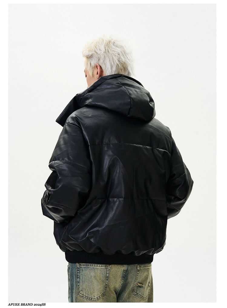 High Neck Padded PU Leather Jacket Korean Street Fashion Jacket By A PUEE Shop Online at OH Vault