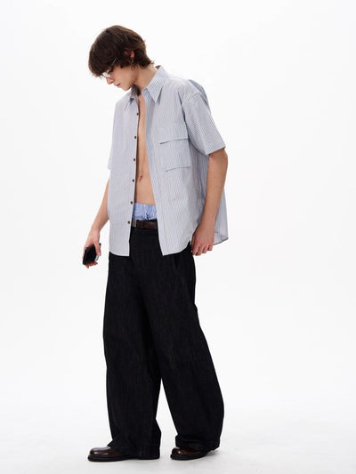Front Flap Pocket Striped Shirt Korean Street Fashion Shirt By 77Flight Shop Online at OH Vault
