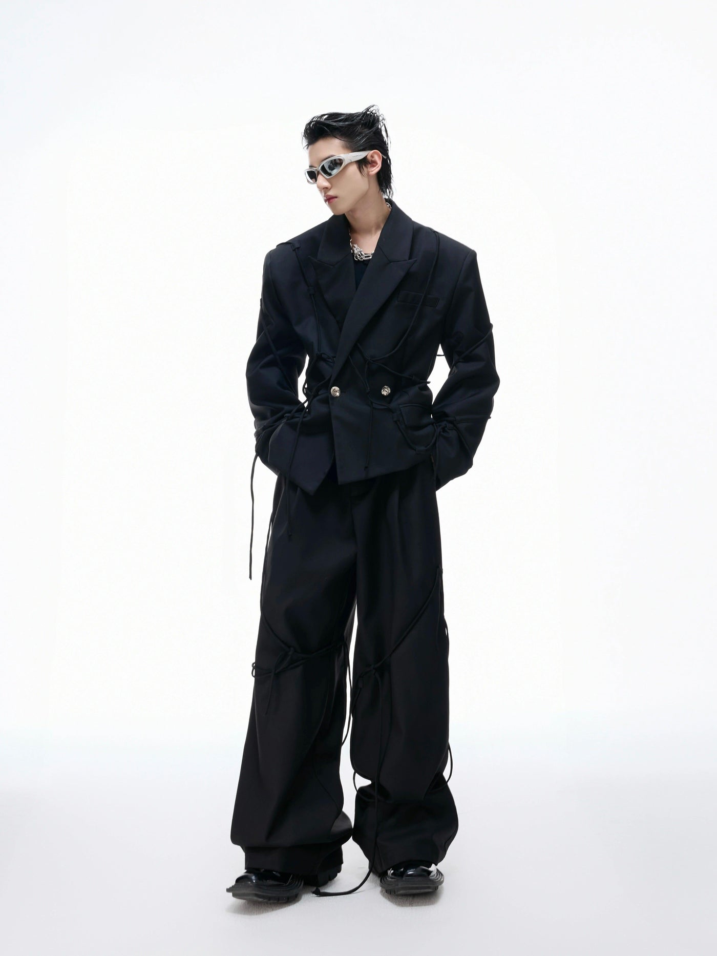 Buttoned Drawstring Detail Blazer & Wide Leg Trousers Set Korean Street Fashion Clothing Set By Argue Culture Shop Online at OH Vault