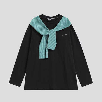 Spliced Plaid Long Sleeve T-Shirt Korean Street Fashion T-Shirt By INS Korea Shop Online at OH Vault