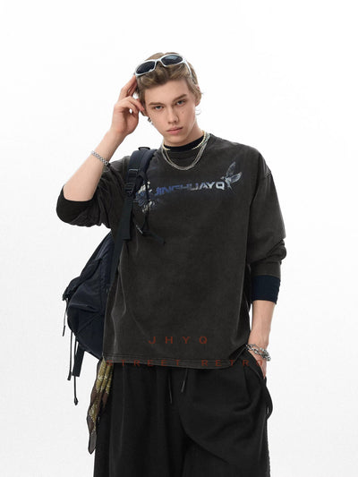 Washed Graphic Print Crewneck Korean Street Fashion Crewneck By JHYQ Shop Online at OH Vault