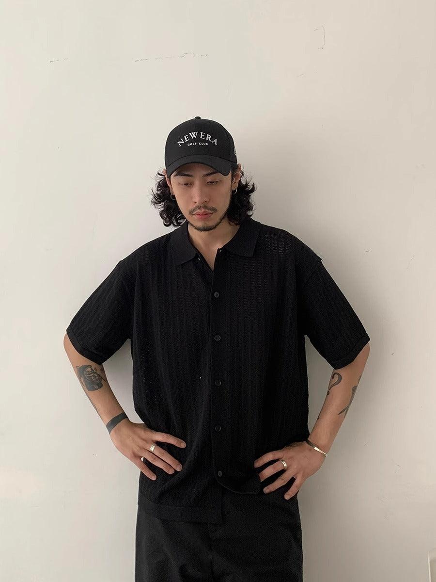 Stripe Hollow Textured Knit Short Sleeve Shirt Korean Street Fashion Shirt By In Knots Shop Online at OH Vault