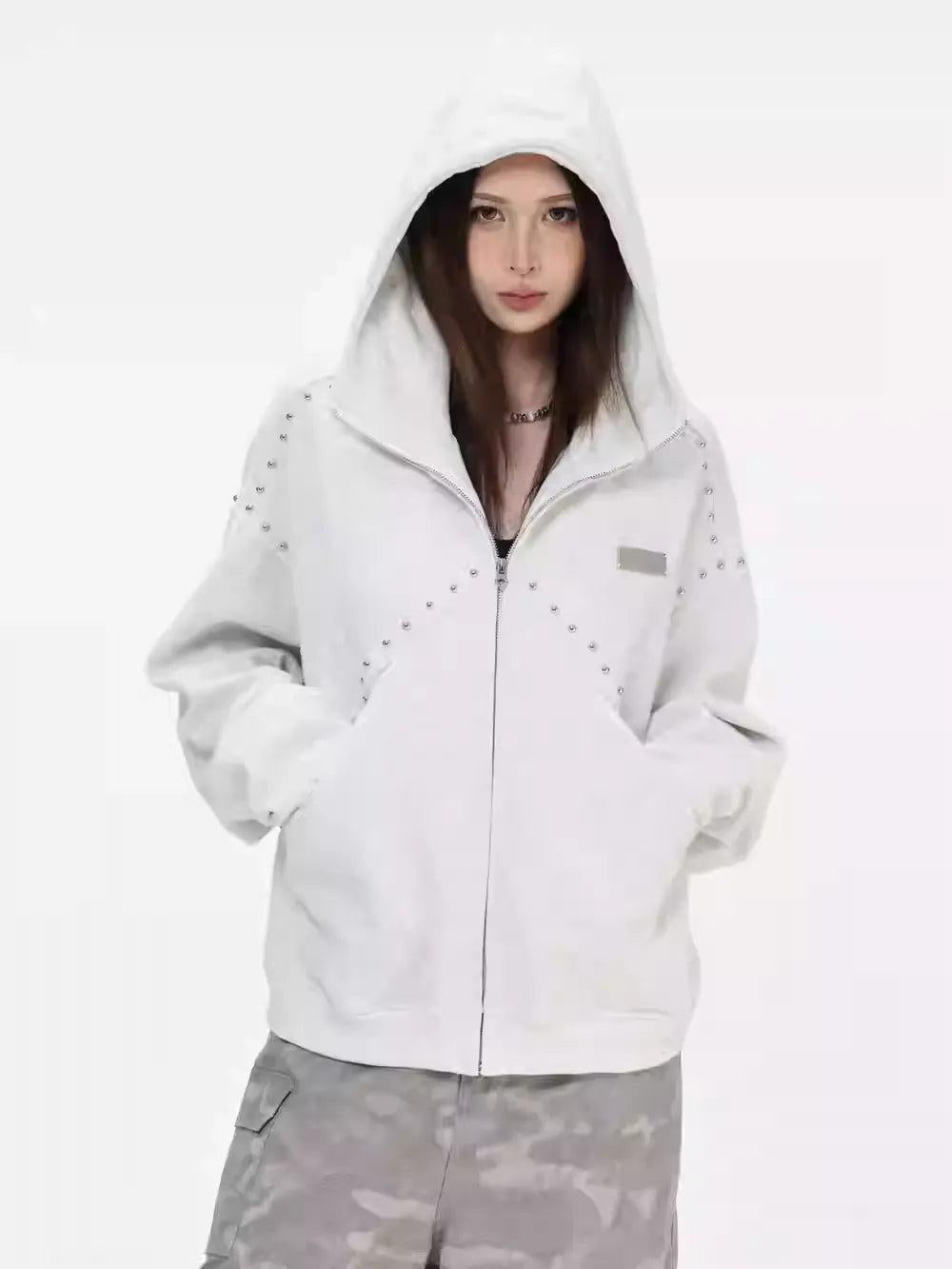 Rivet Embellished Zip-Up Hoodie Korean Street Fashion Hoodie By INS Korea Shop Online at OH Vault