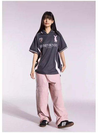 Embroidered Logo Print V-Neck Polo Korean Street Fashion Polo By Remedy Shop Online at OH Vault