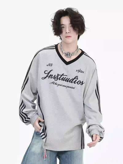 Three-Bar Contrast Sporty Long Sleeve T-Shirt Korean Street Fashion T-Shirt By INS Korea Shop Online at OH Vault