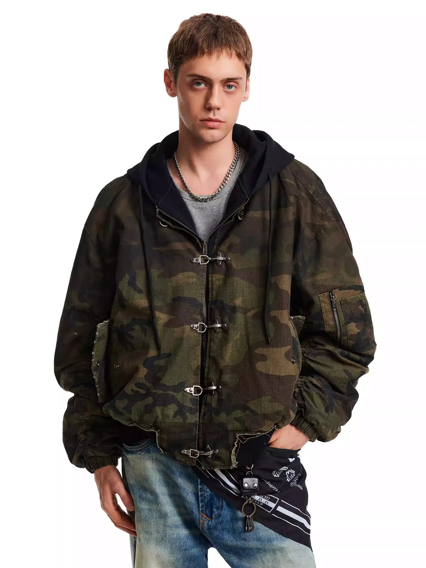 Distressed Fireman Clasp Camo Hooded Jacket Korean Street Fashion Jacket By Mad Witch Shop Online at OH Vault
