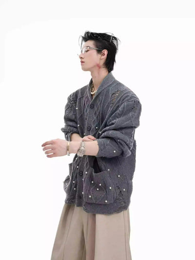 Distressed Pearl Detail Knit Cardigan Korean Street Fashion Cardigan By Argue Culture Shop Online at OH Vault
