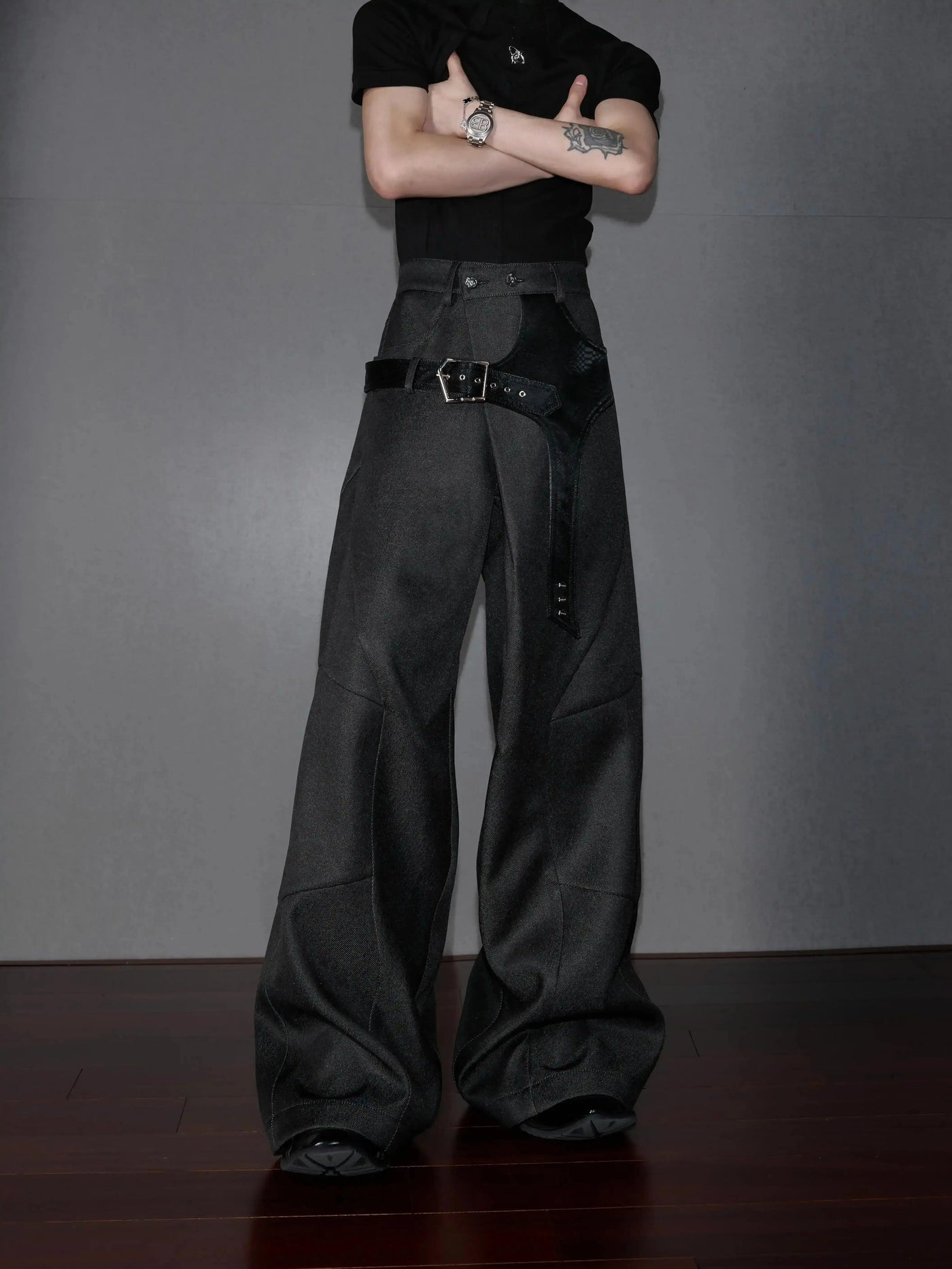 Buckled PU Leather Buckle Flared Pants Korean Street Fashion Pants By Argue Culture Shop Online at OH Vault