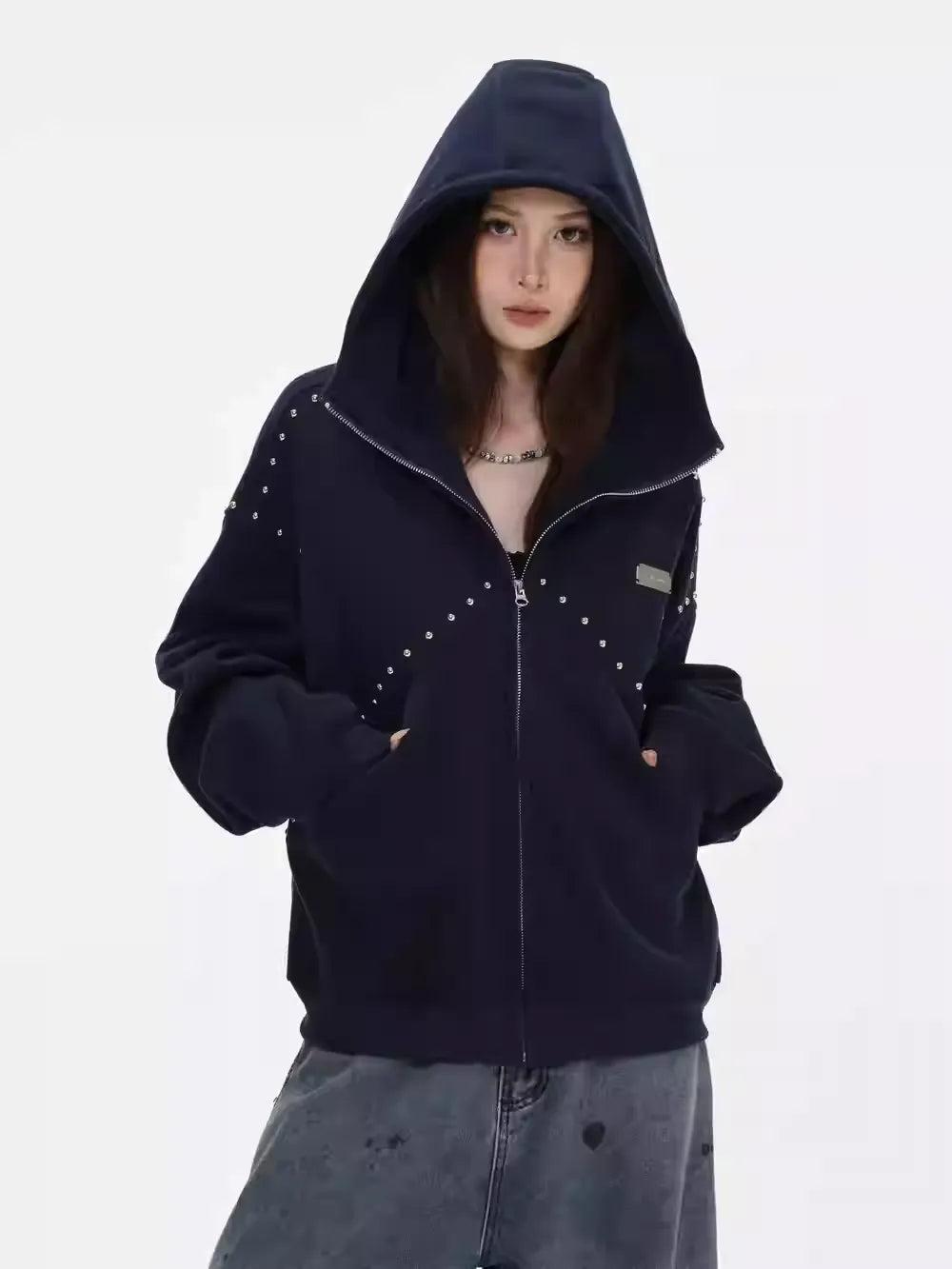 Rivet Embellished Zip-Up Hoodie Korean Street Fashion Hoodie By INS Korea Shop Online at OH Vault