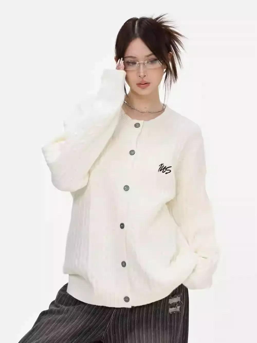 Logo Cable Knit Cardigan Korean Street Fashion Cardigan By INS Korea Shop Online at OH Vault