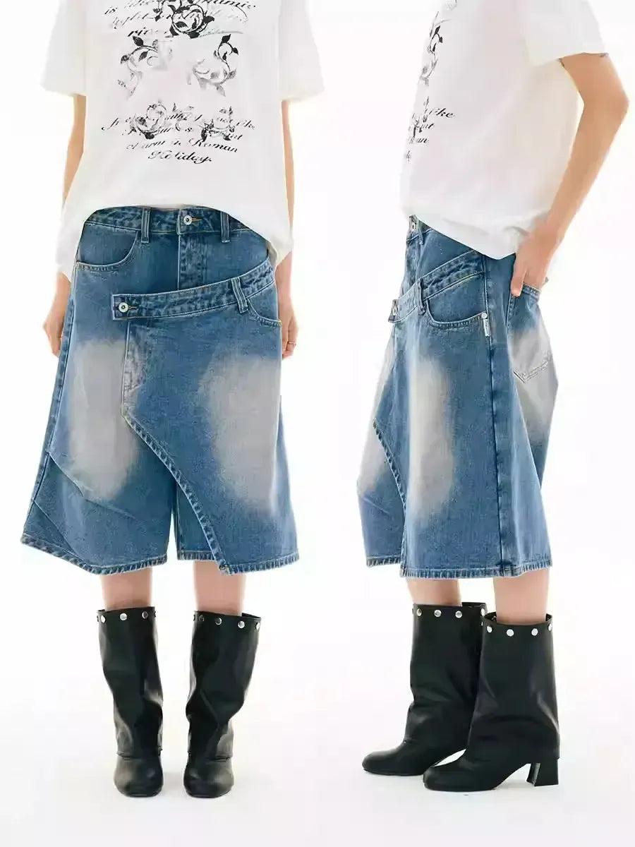 Washed Oblique Cut Denim Shorts Korean Street Fashion Shorts By Funky Fun Shop Online at OH Vault
